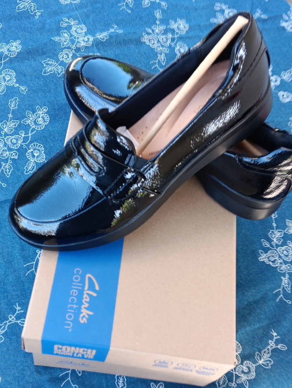 Clarks Black Patent Penny Loafers
